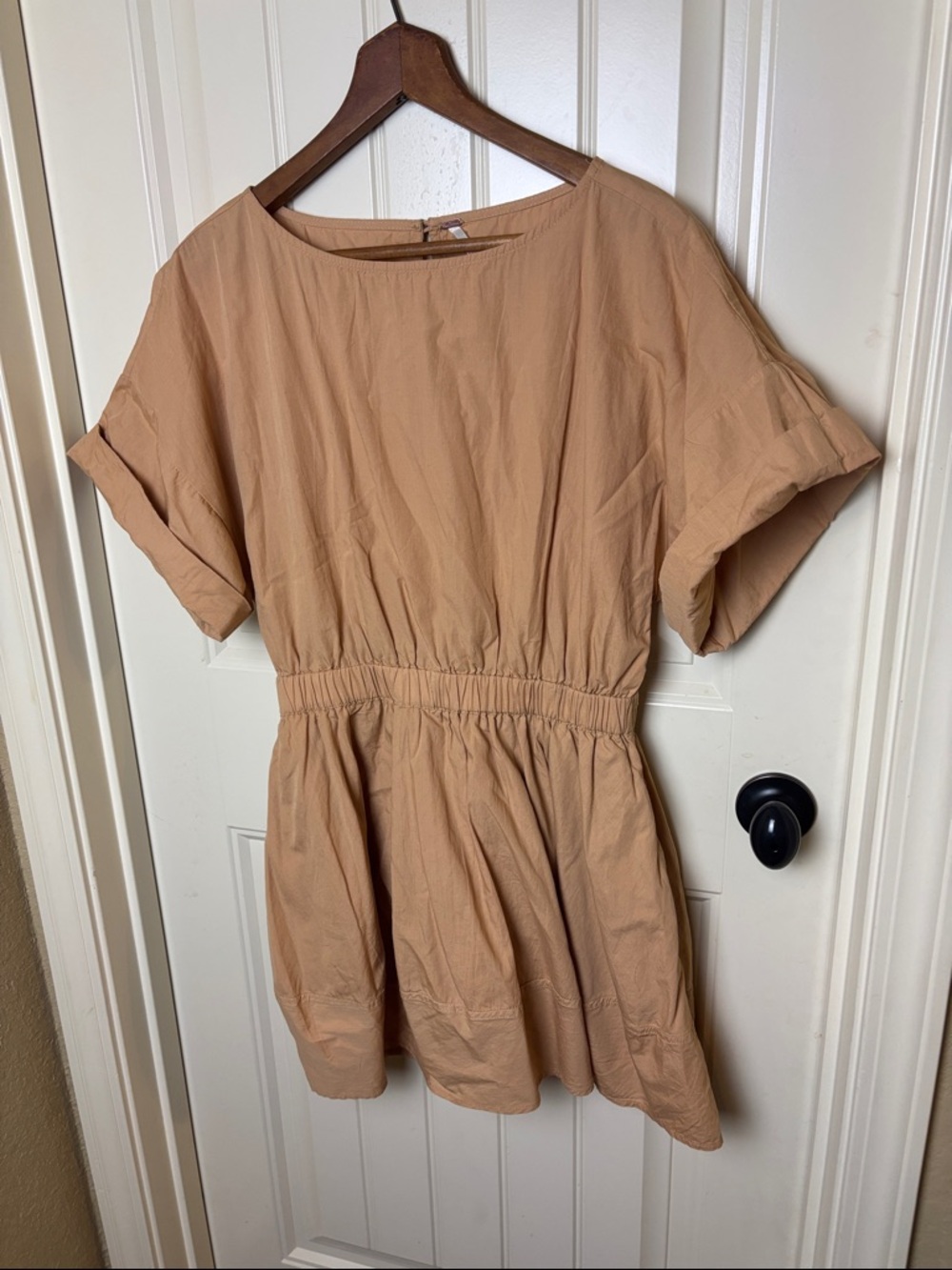 Free People Beige Short-Sleeve Elastic-Waist Peplum Tunic